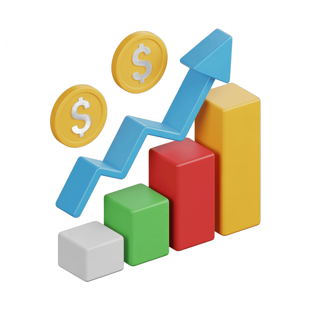 Isolated 3d clipart of colorful bar chart with upward arrow and dollar coins illustrating business growth and profit increase PNG - transparent background