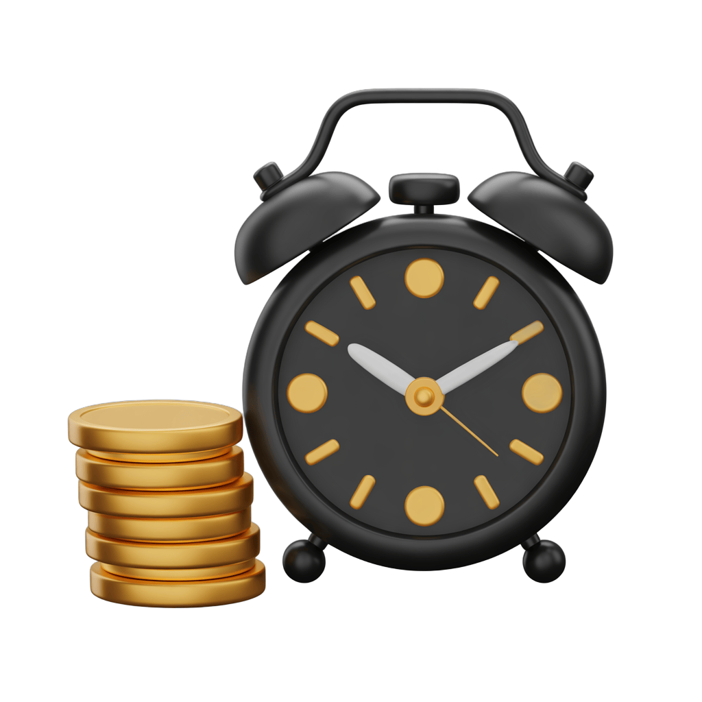 Isolated alarm clock with gold coins illustrating time management and financial success concept PNG - transparent background