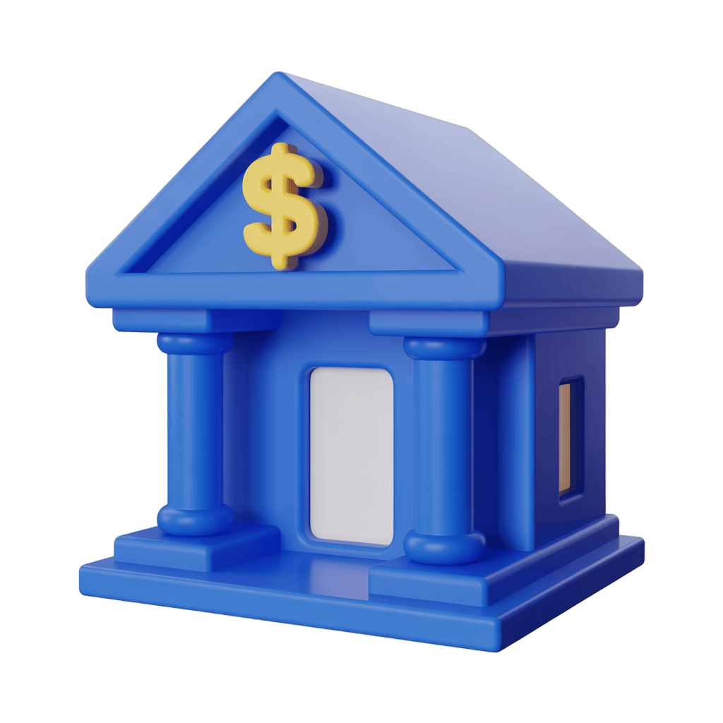 Isolated blue 3d building clipart with dollar sign symbol for financial business marketing designs PNG - transparent background