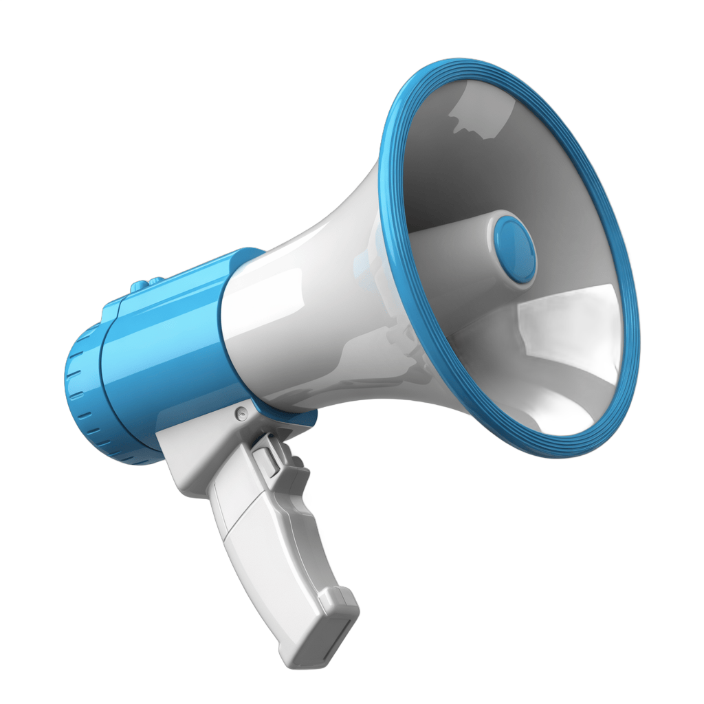 Isolated blue and white megaphone clipart for presentations and announcements PNG - transparent background