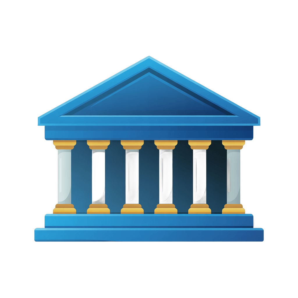 Isolated blue neoclassical building clipart with columns for corporate presentations and business graphics PNG - transparent background