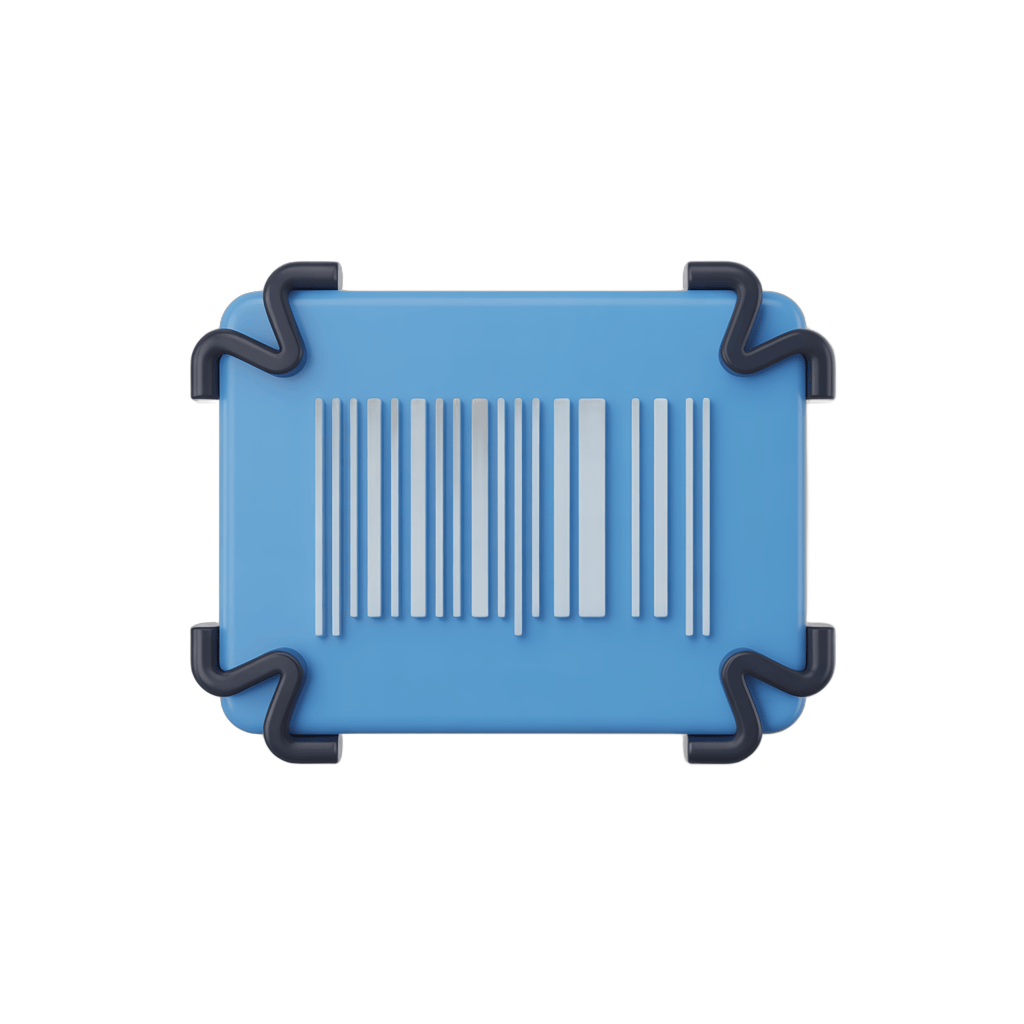 Isolated blue rectangular barcode graphic element with black border clips for product labels and packaging design PNG - transparent background