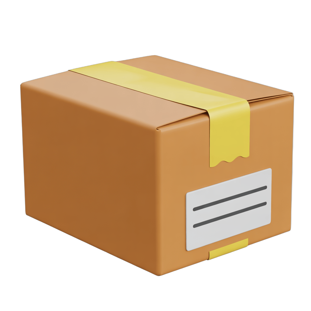 Isolated brown cardboard box with yellow tag for shipping packaging design and ecommerce graphics PNG - transparent background