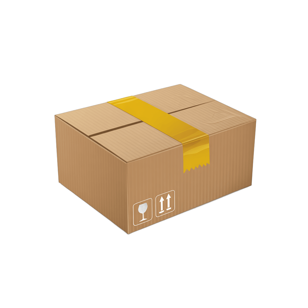 Isolated brown cardboard box with yellow tape and fragile handling symbols for shipping packaging design PNG - transparent background