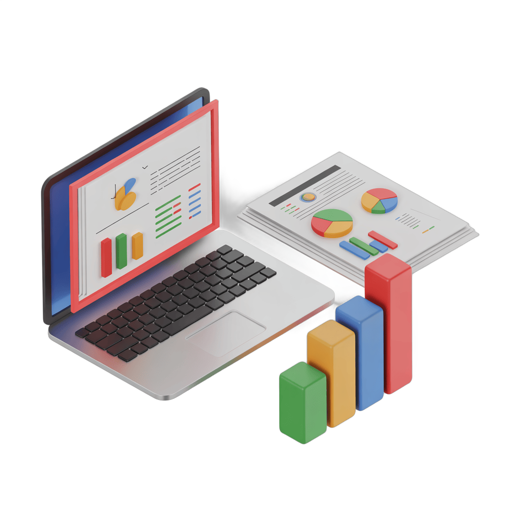 Isolated business analytics dashboard with laptop chart graphs and colorful bar statistics for presentations PNG - transparent background