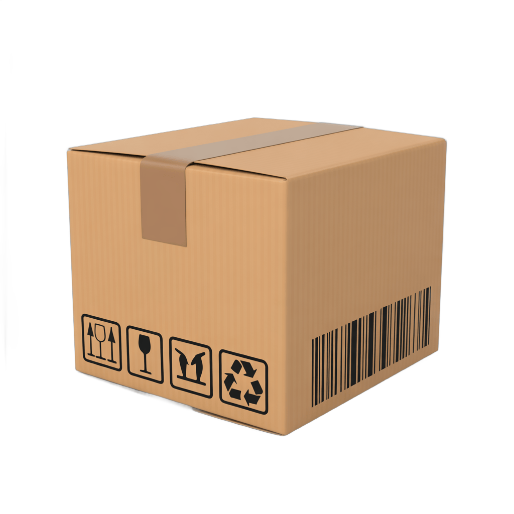 Isolated cardboard box with shipping and recycling icons for ecommerce and delivery graphics PNG - transparent background