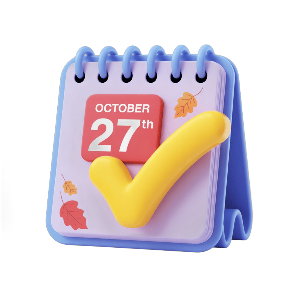 Isolated clipart calendar page showing october 27th with yellow checkmark for event planning PNG - transparent background