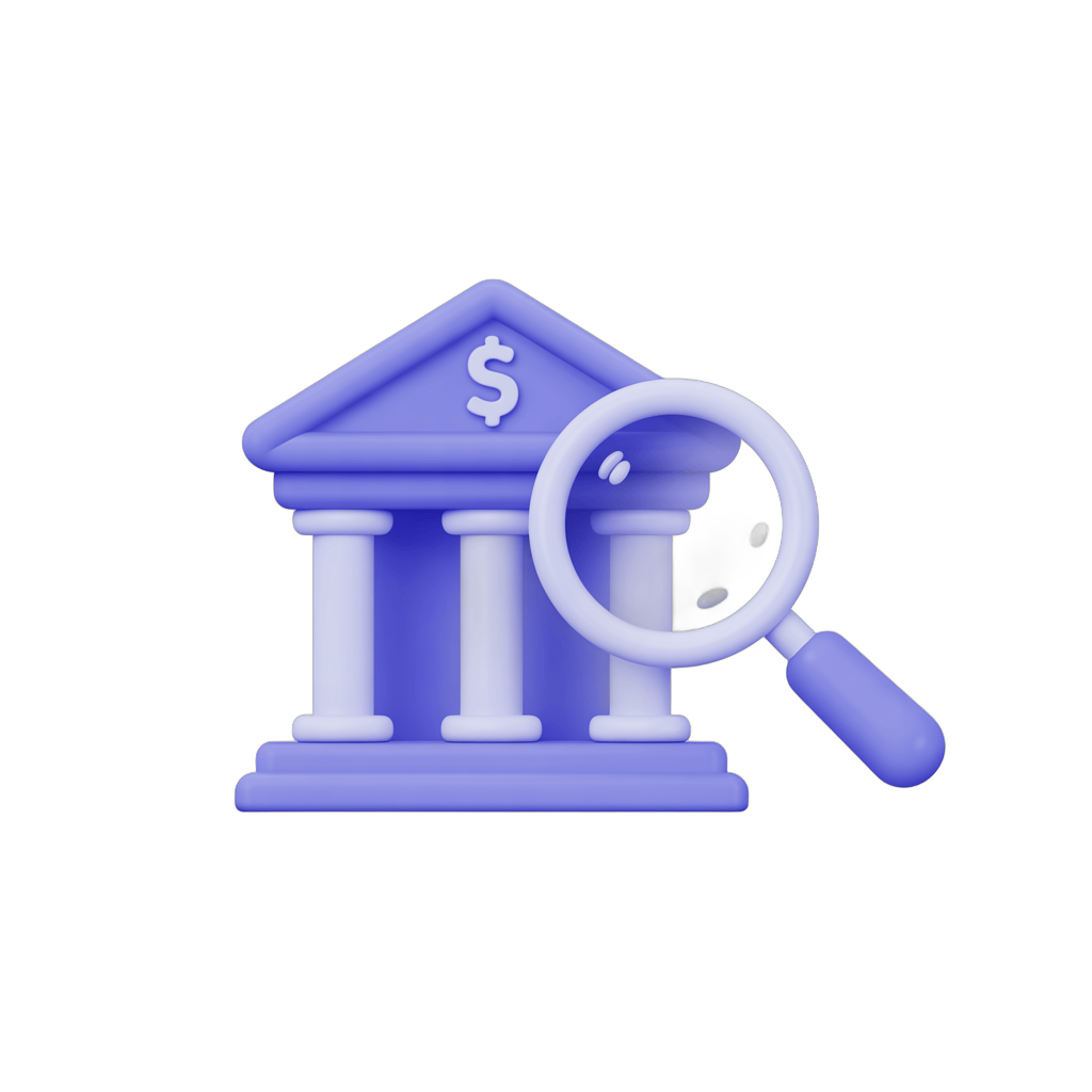Isolated clipart graphic of a classical bank building with dollar sign under magnifying glass for financial analysis PNG - transparent background
