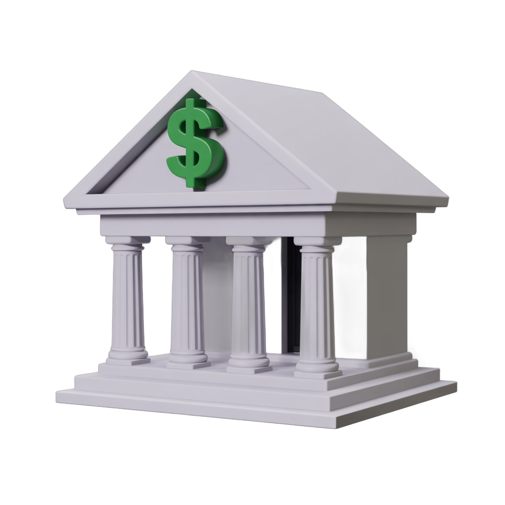 Isolated clipart graphic of a classical building with dollar sign symbol for finance business marketing PNG - transparent background