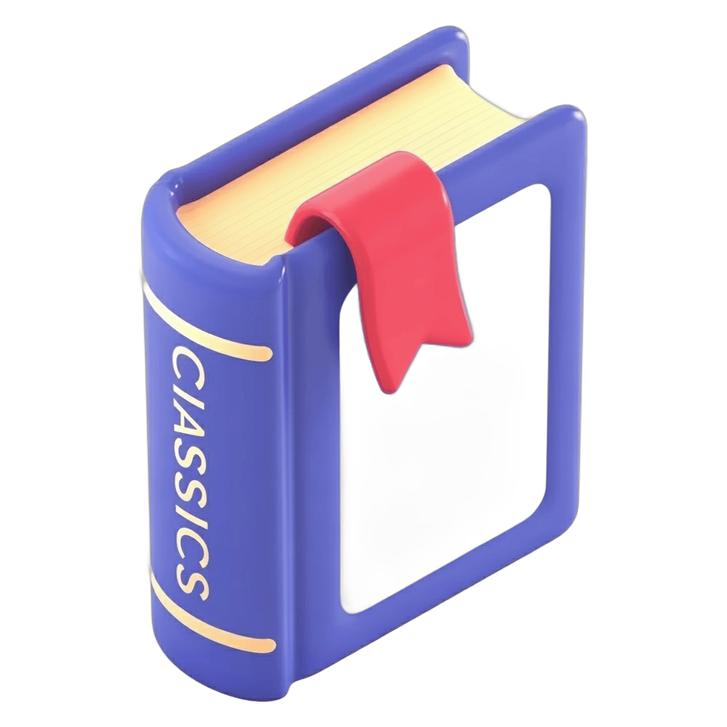 Isolated clipart of a closed classic book with red bookmark in blue binder clip PNG - transparent background