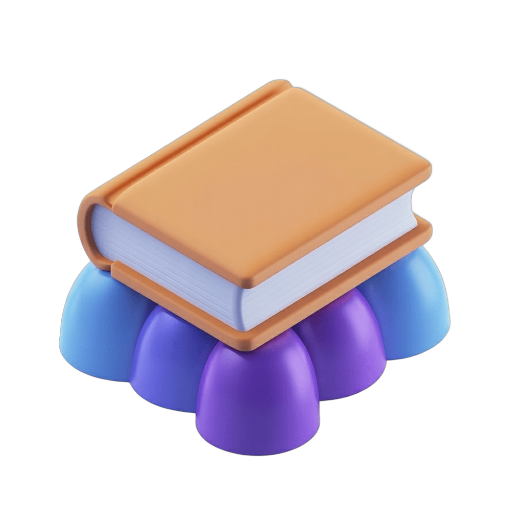 Isolated clipart of a closed hardcover book balanced on colorful stack of cushions for education marketing PNG - transparent background