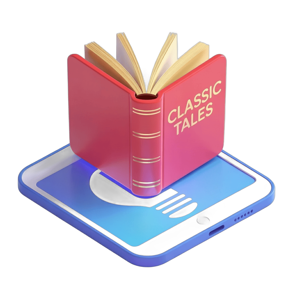 Isolated clipart of classic tales book open on smartphone for educational and literary content PNG - transparent background