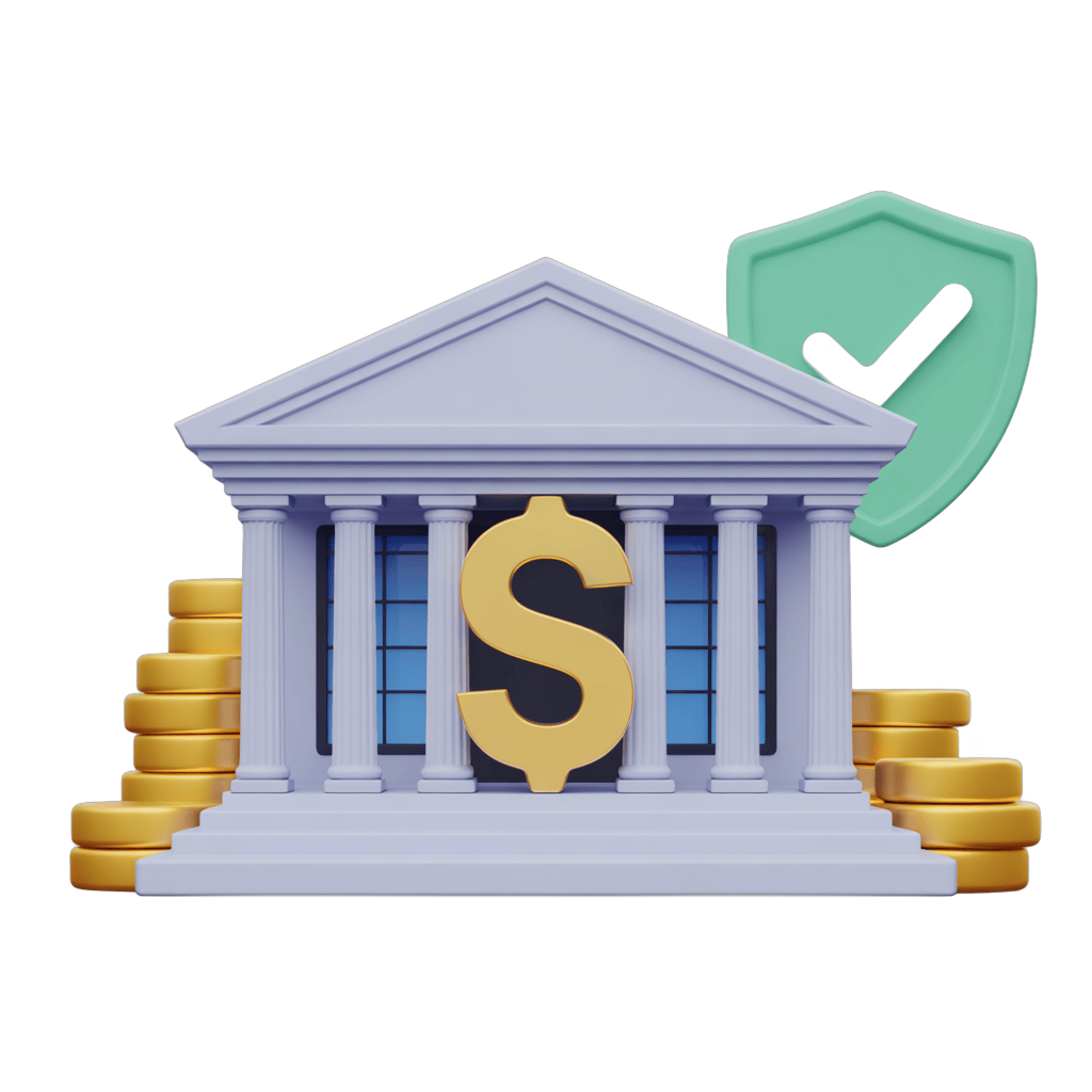 Isolated clipart of classical bank building with dollar sign and security checkmark for financial trust graphics PNG - transparent background