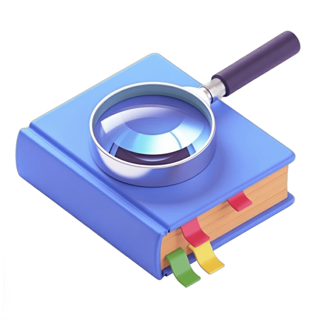 Isolated clipart of closed book with magnifying glass searching for knowledge and research PNG - transparent background