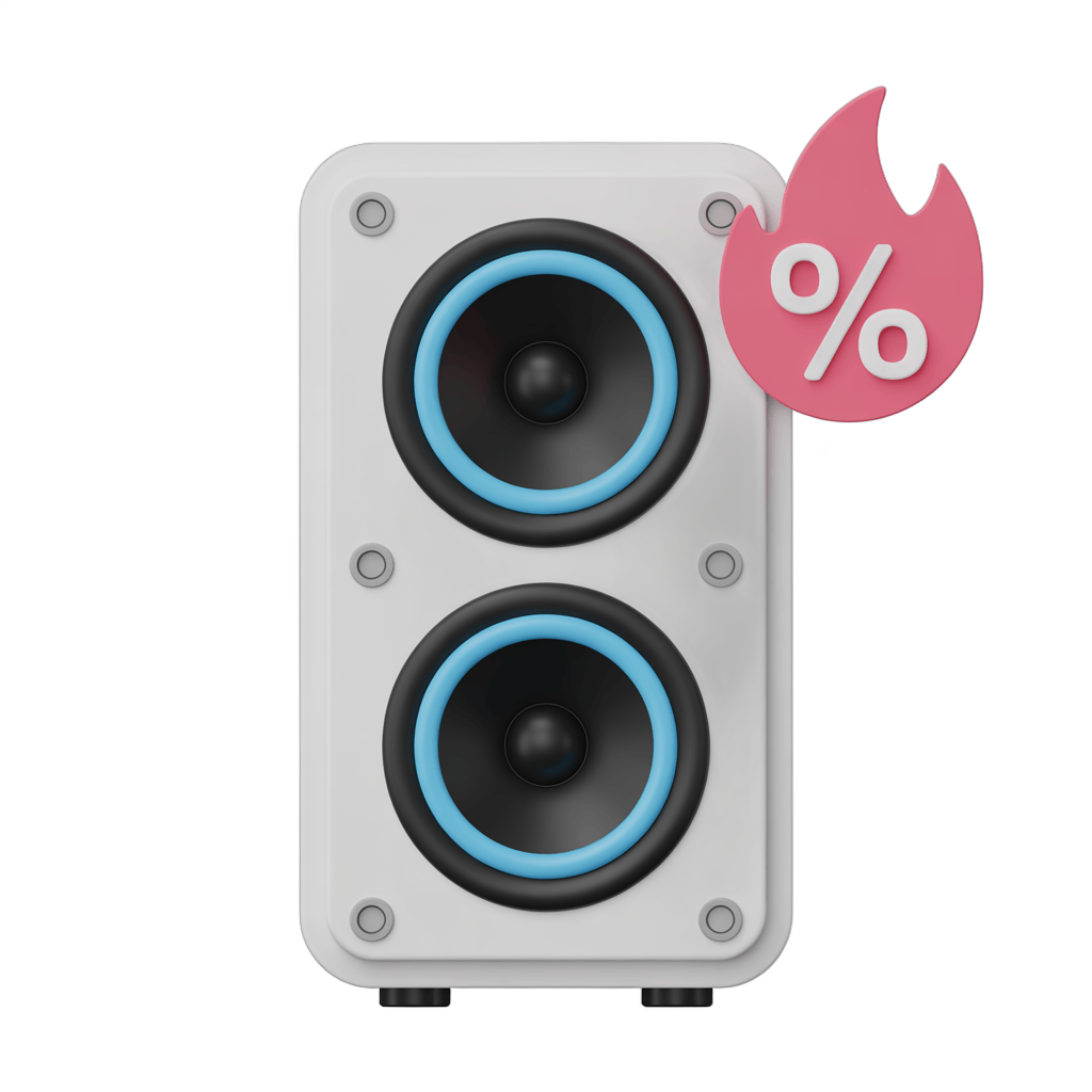 Isolated clipart speaker with discount sale flame graphic for promotions PNG - transparent background