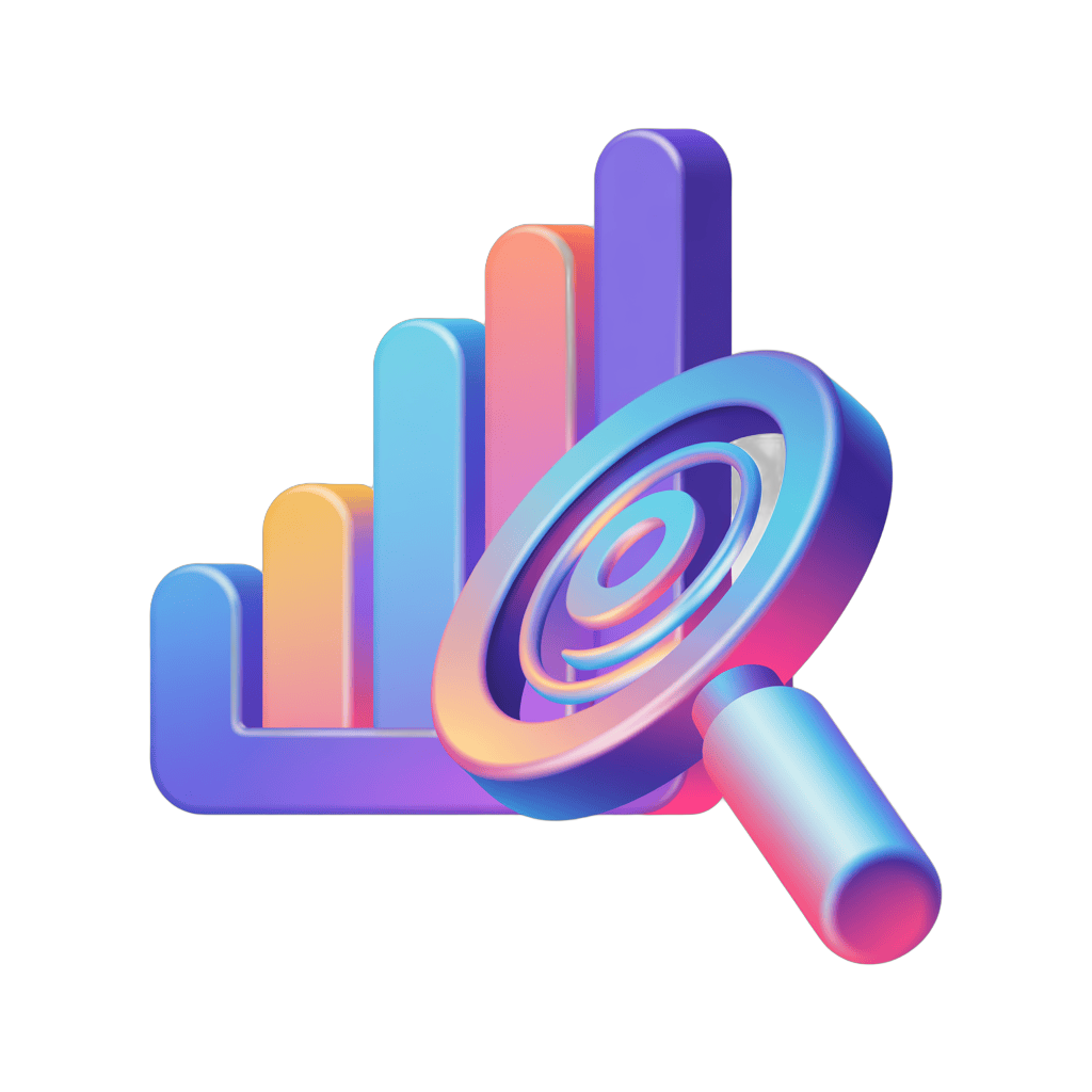 Isolated colorful 3d bar chart graphic with magnifying glass for business analytics presentation PNG - transparent background