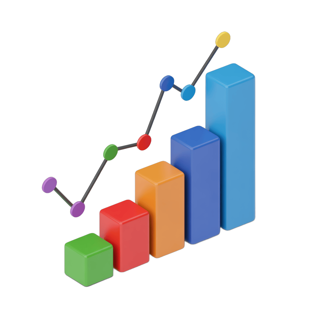 Isolated colorful 3d bar chart with line graph showing business growth and upward trend for presentations reports PNG - transparent background