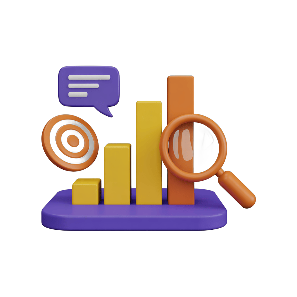 Isolated modern business analytics chart icon with speech bubble target and magnifying glass for presentations PNG - transparent background