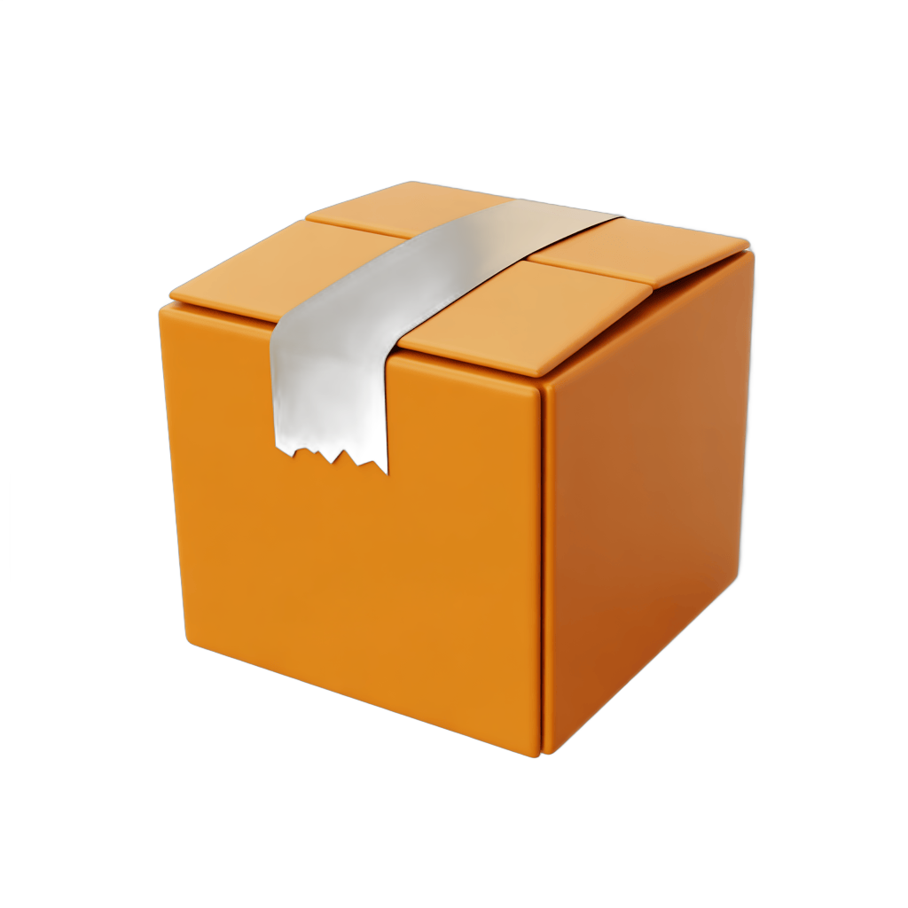 Isolated orange cardboard box with scotch tape ready for shipping and delivery packaging PNG - transparent background