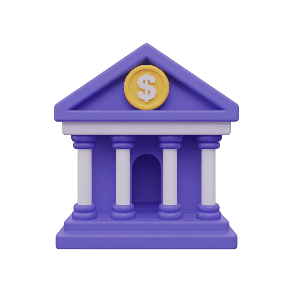 Isolated purple 3d bank building clipart with dollar sign symbol for financial business graphics PNG - transparent background