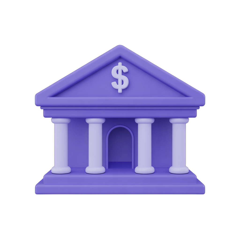Isolated purple 3d bank building clipart with dollar sign symbol for financial graphics and presentations PNG - transparent background