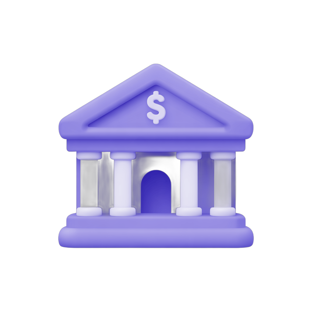 Isolated purple 3d bank building clipart with dollar sign symbol for financial graphics PNG - transparent background