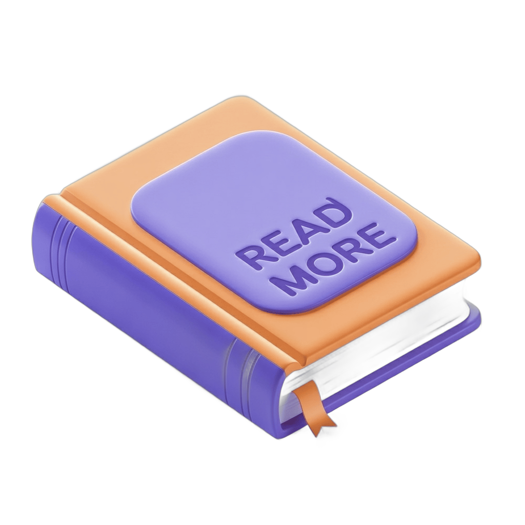 Isolated read more button on top of a closed purple book for blog website design and digital content PNG - transparent background