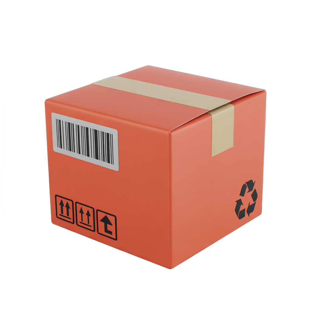 Isolated red recyclable shipping box with barcode and handling symbols for ecommerce packaging design PNG - transparent background