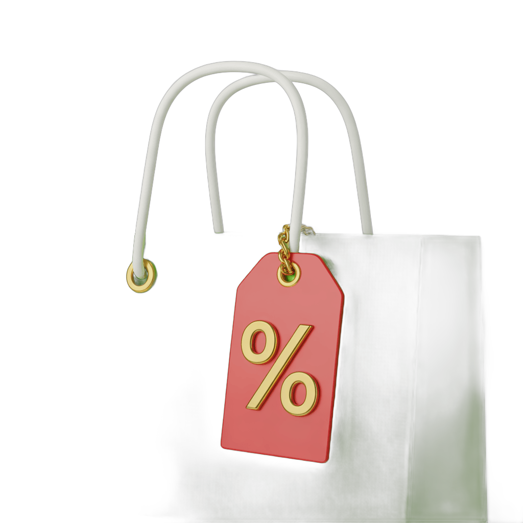 Isolated shopping bag clipart with percentage discount tag for sales promotions and marketing designs PNG - transparent background