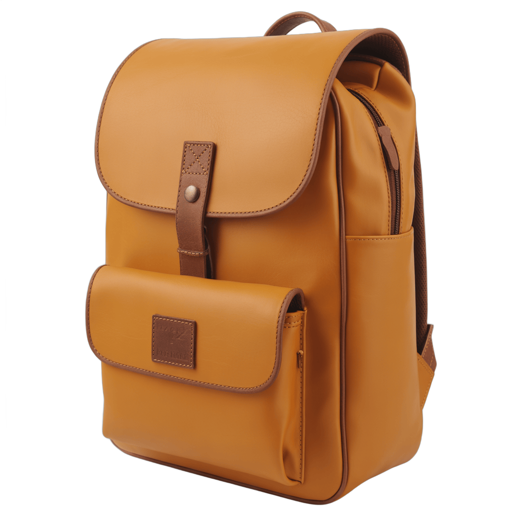Isolated tan leather backpack with flap closure and brown accents for professional business travel or daily commute PNG - transparent background