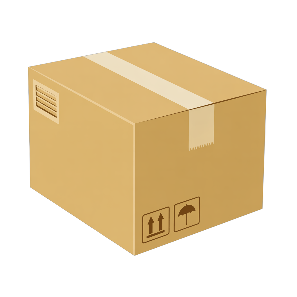 Isolated transparent background cardboard box with shipping icons for ecommerce packaging design PNG - transparent background