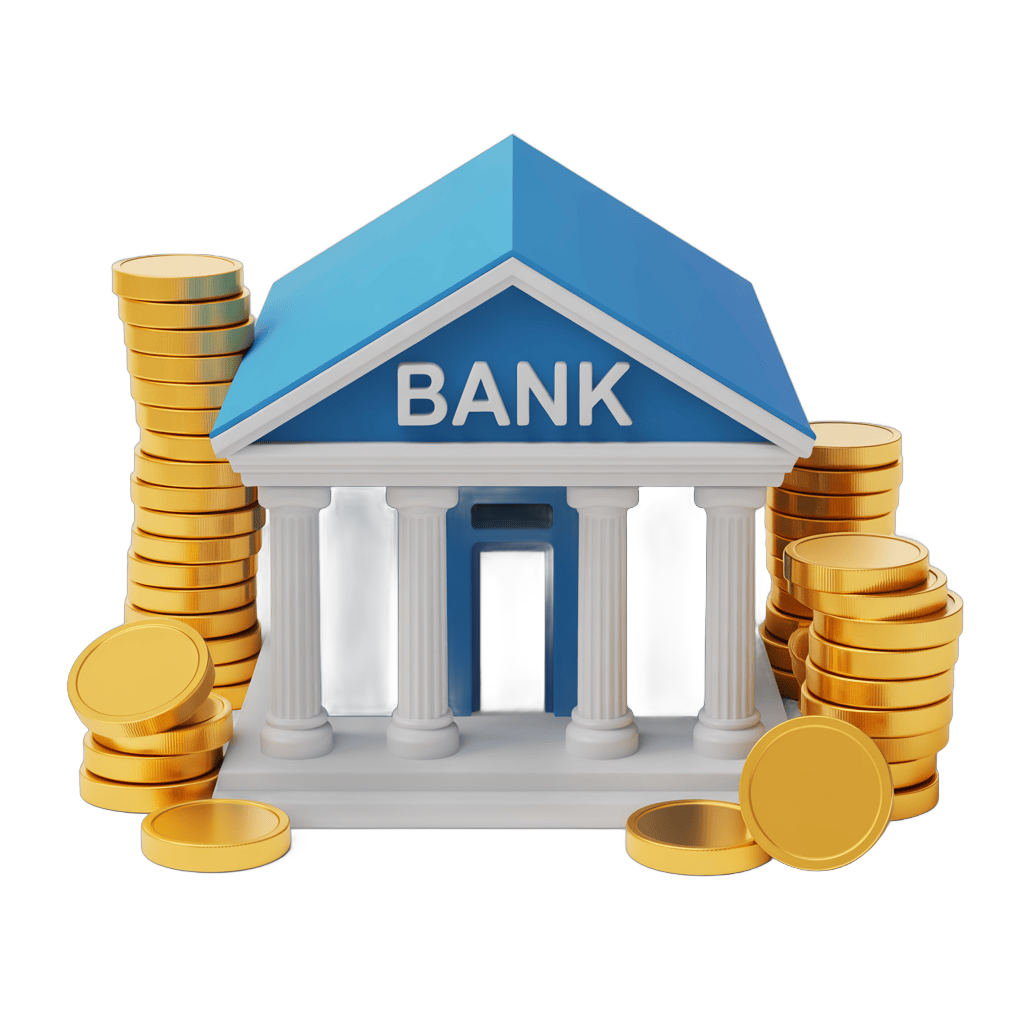 Isolated transparent bank building clipart with gold coins stack for financial business graphics PNG - transparent background