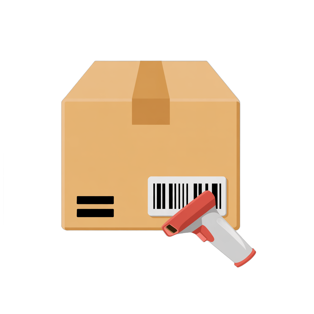 Isolated transparent clipart of cardboard box with barcode being scanned by handheld scanner PNG - transparent background