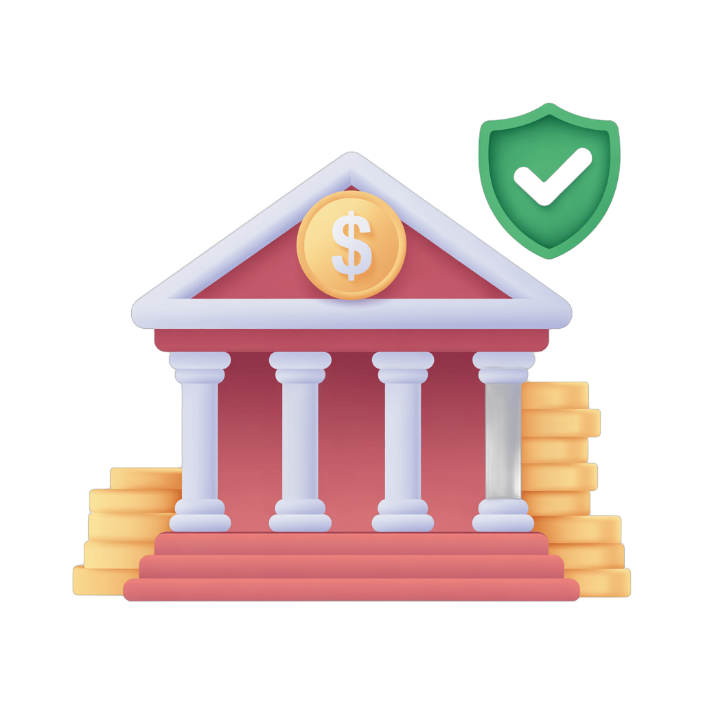 Isolated transparent clipart of classical bank building with gold coins stack and secure checkmark symbol PNG - transparent background