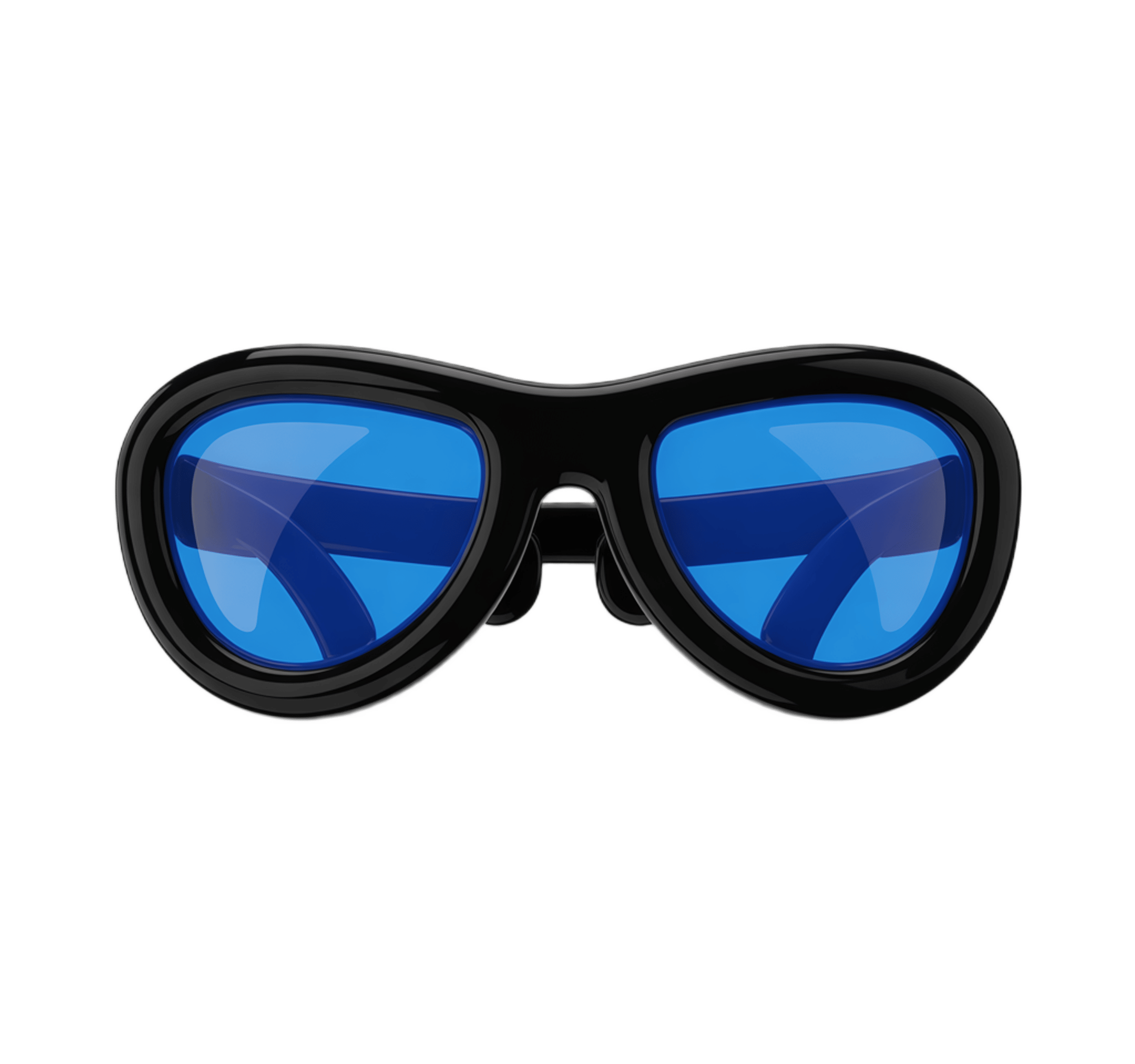 Isolated transparent clipart of stylish black sunglasses with blue mirrored lenses for graphic design PNG - transparent background