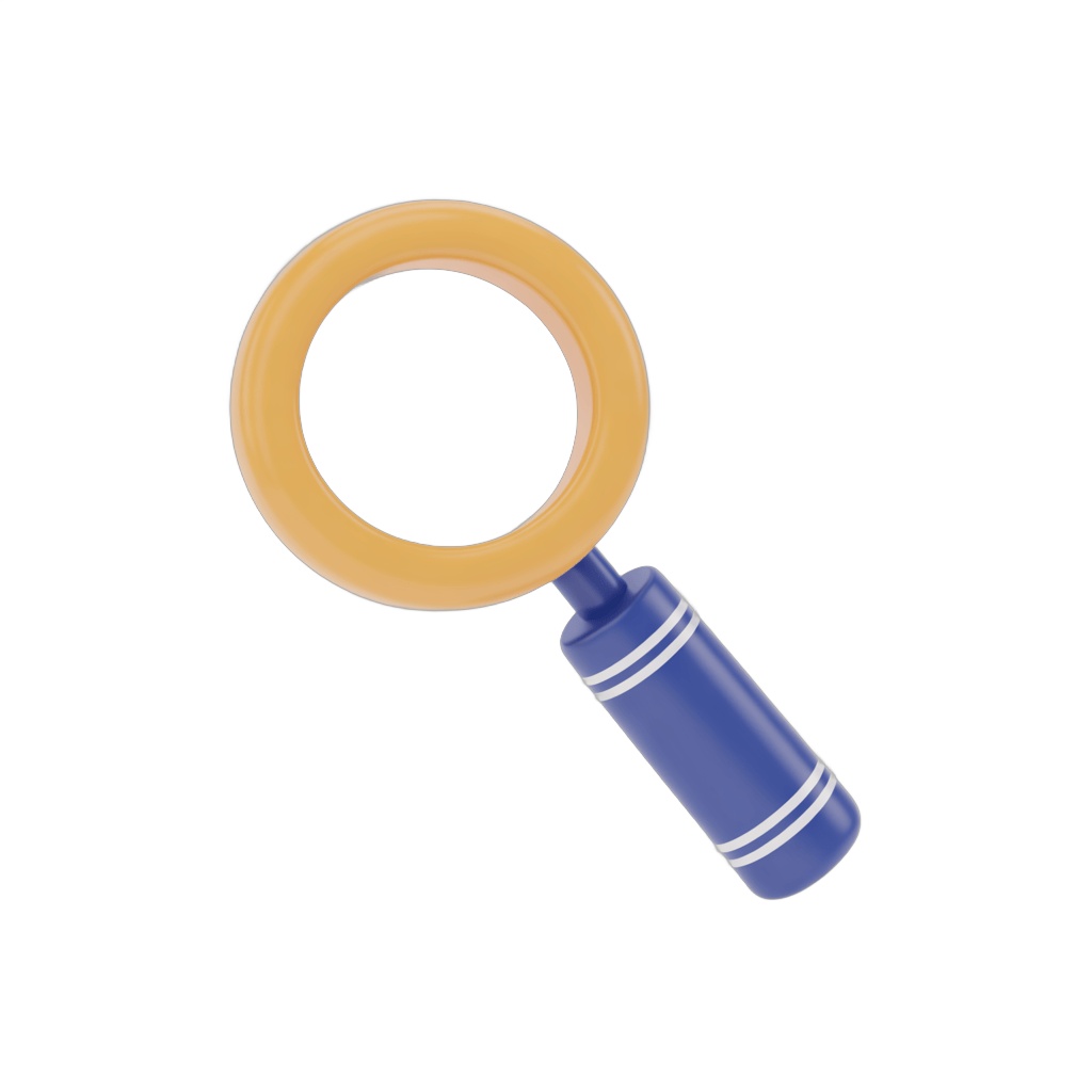 Isolated transparent magnifying glass with blue and white cylindrical handle for search icons and document editing PNG - transparent background