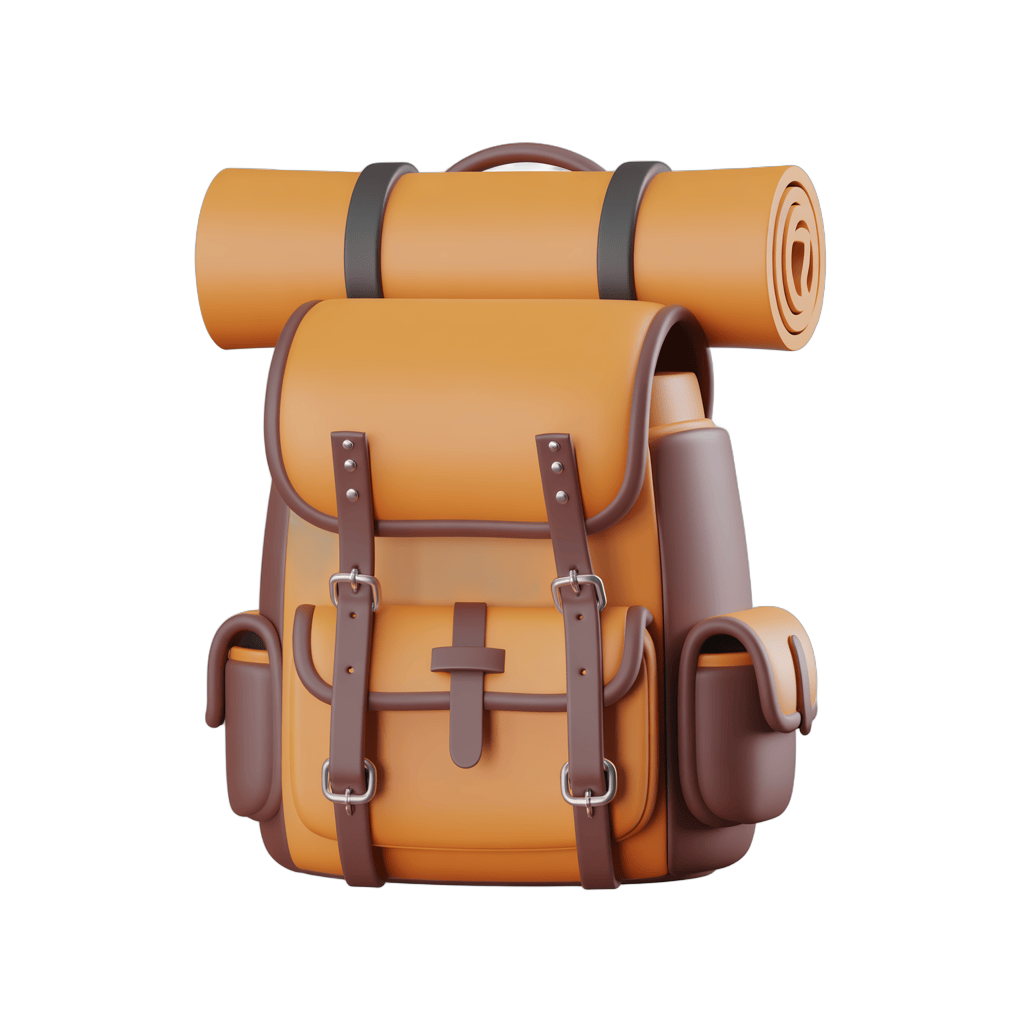 Isolated vintage leather backpack with sleeping pad for camping and hiking adventures PNG - transparent background