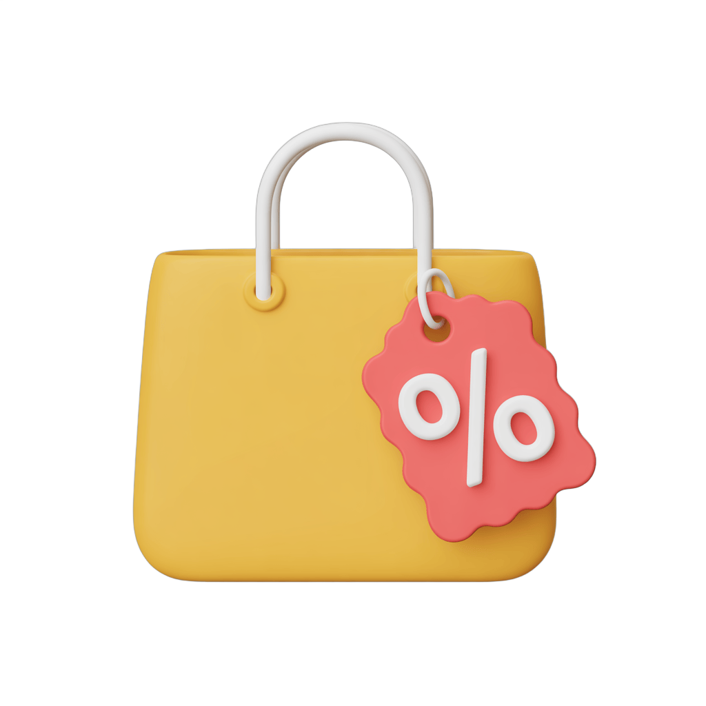 Isolated yellow shopping bag clipart with discount sale percent sign sticker for online ads and marketing PNG - transparent background