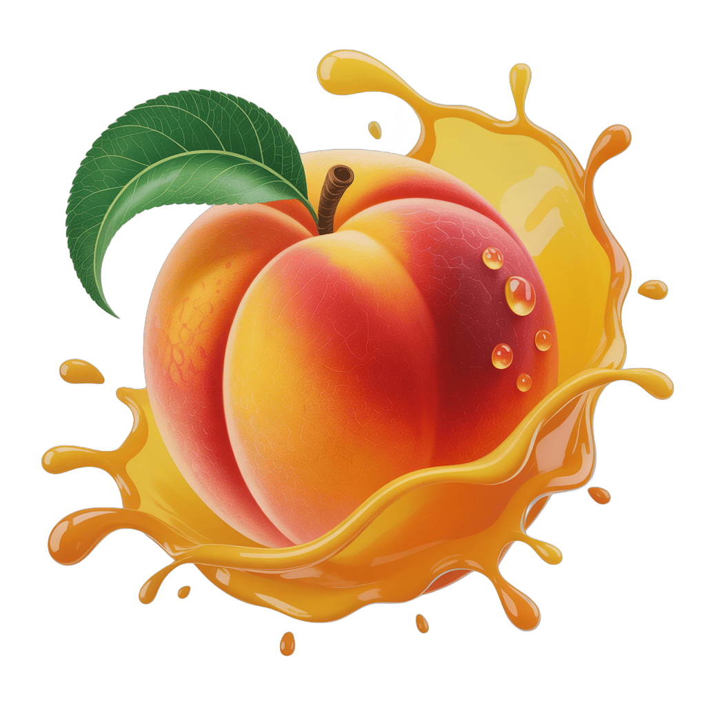 Juicy peach with fresh juice splash isolated transparent background clipart PNG - transparent background
