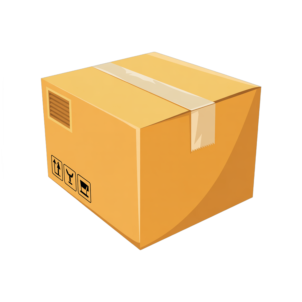 Light brown cardboard box with shipping labels for ecommerce packaging design and delivery graphics PNG - transparent background