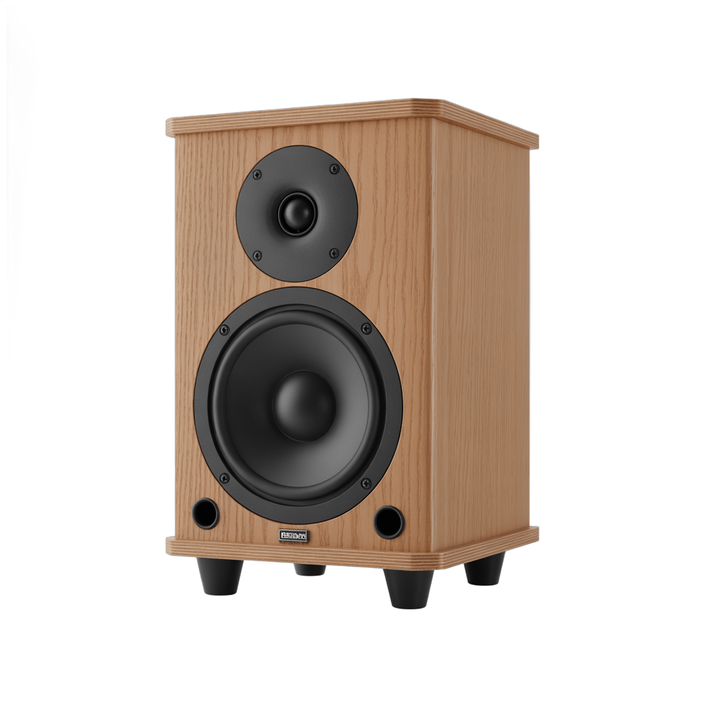Light wood speaker with black woofer and tweeter for home audio system PNG - transparent background