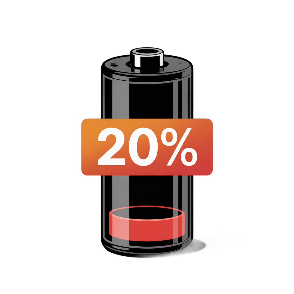 Low battery level indicator icon with twenty percent charge remaining for digital interfaces and apps PNG - transparent background