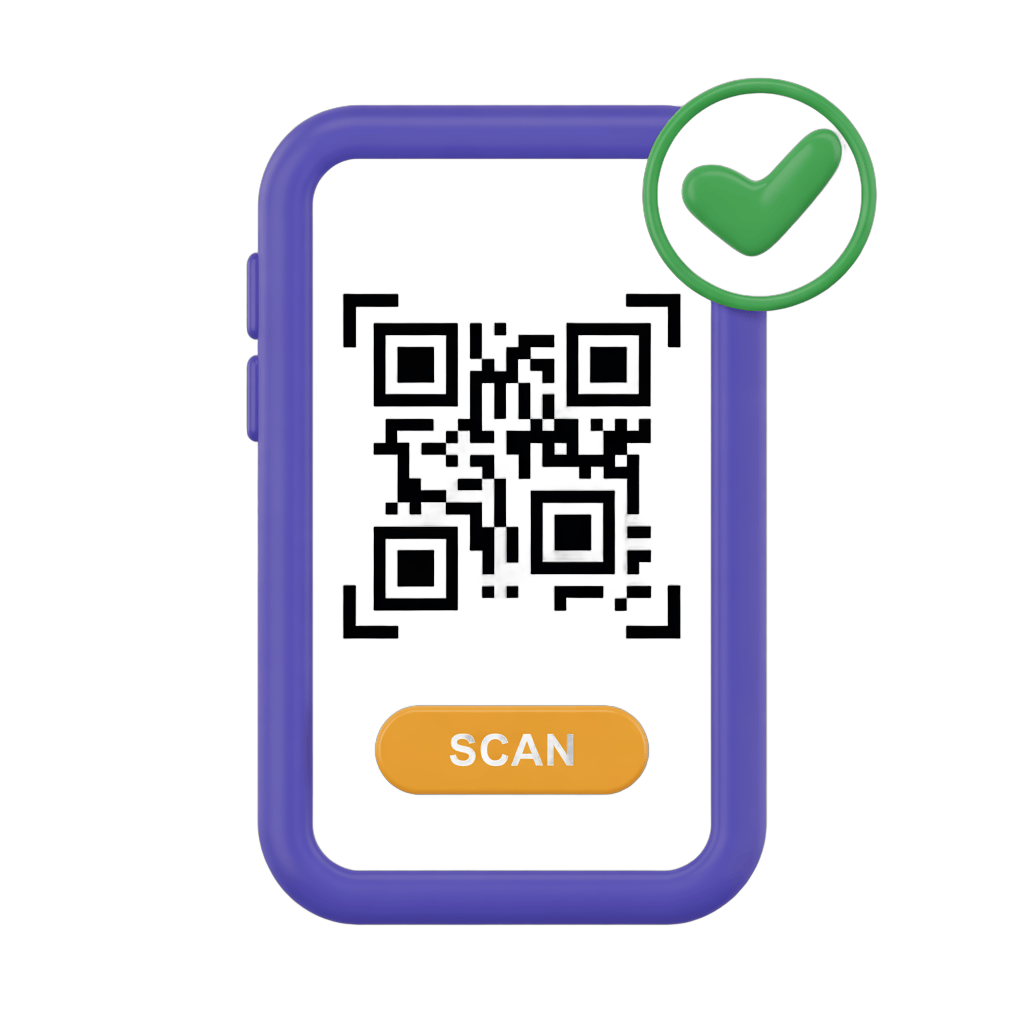 Mobile phone with qr code scan button and checkmark icon for digital verification and access PNG - transparent background