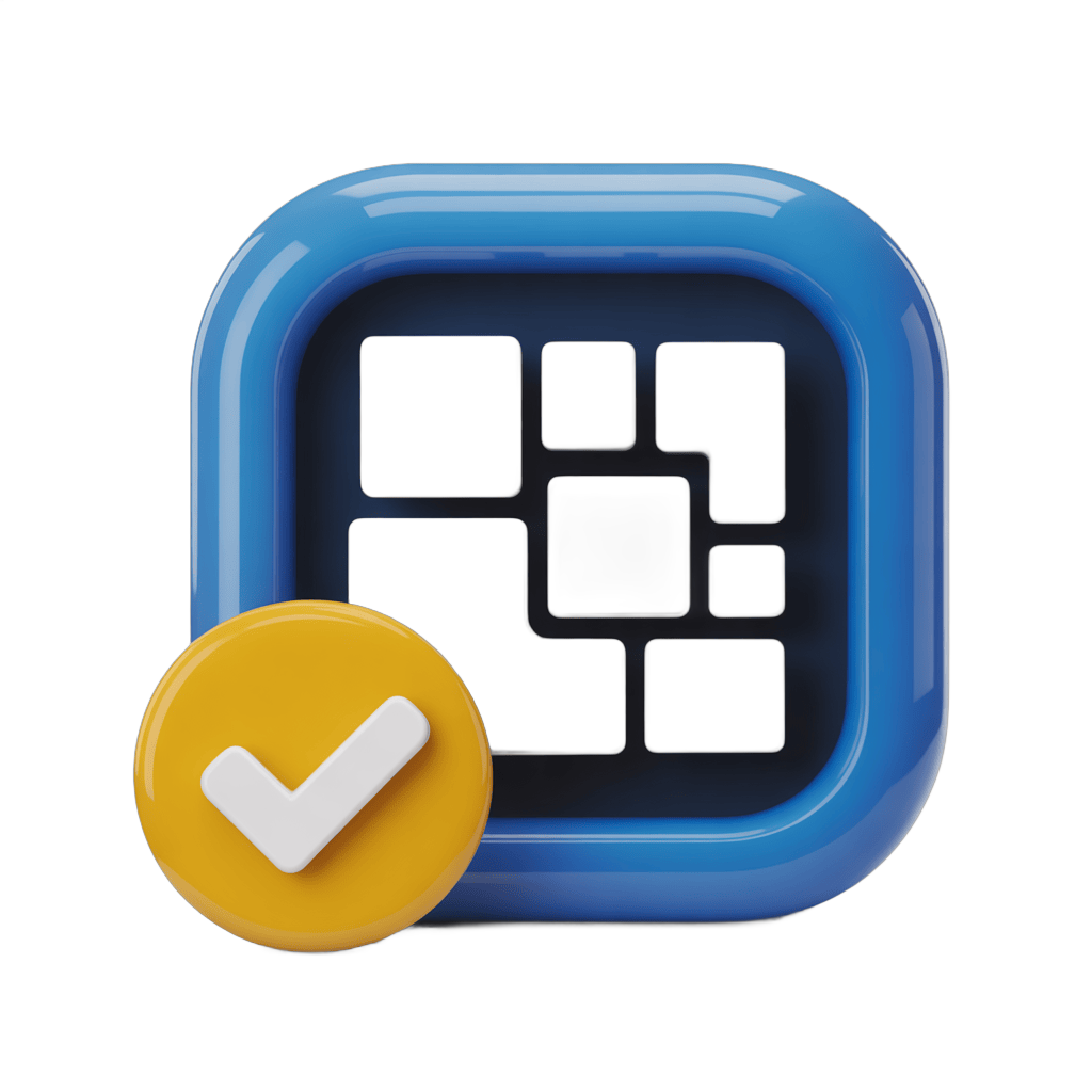 Modern approved checkmark icon with grid pattern inside blue square for app confirmation success PNG - transparent background