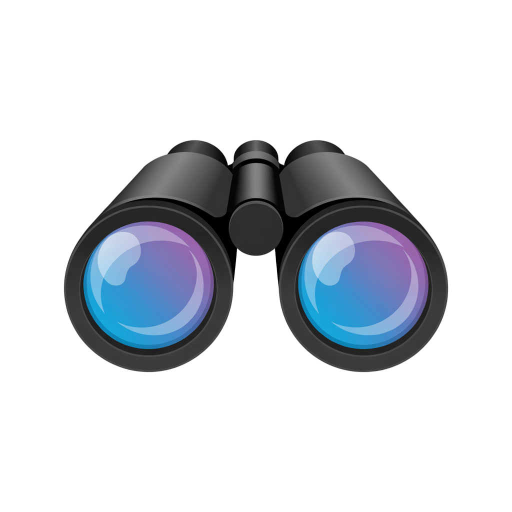 Modern black binoculars with blue and purple lenses for observation and exploration PNG - transparent background