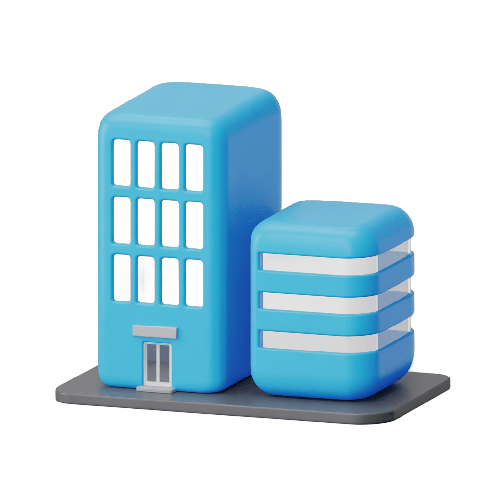 Modern blue office building and server rack clipart for business presentations and website graphics PNG - transparent background