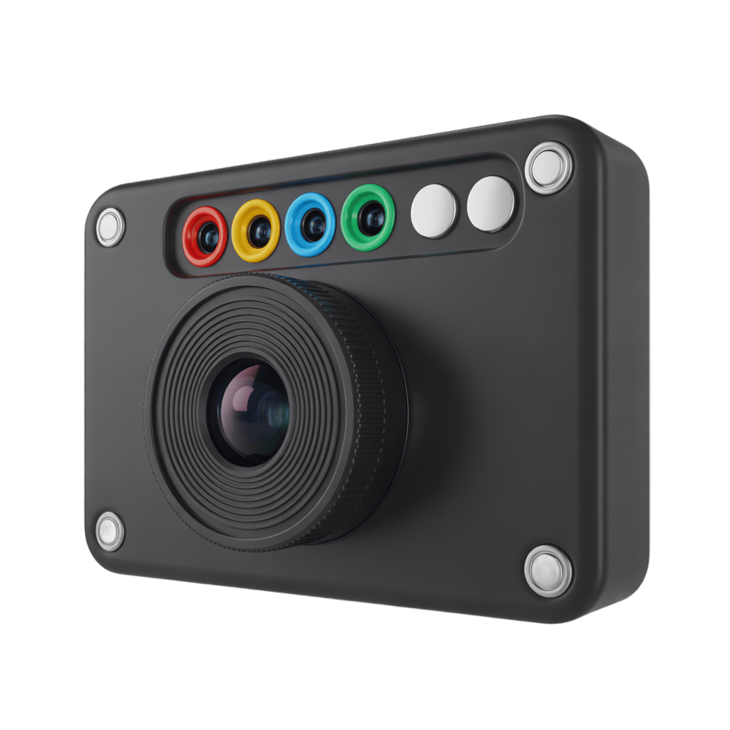 Modern compact digital camera with color mode buttons for photography projects PNG - transparent background