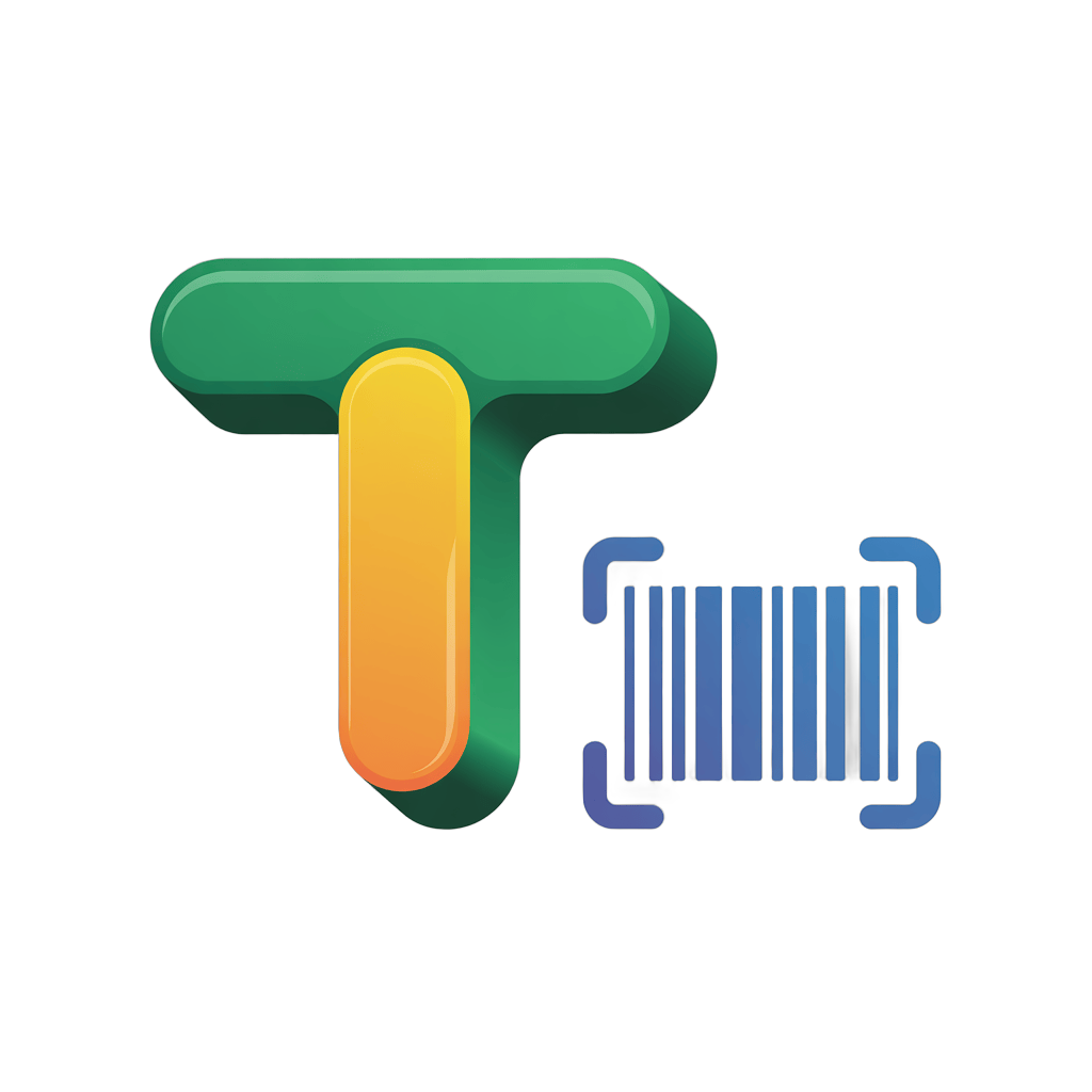 Modern green and yellow t letter with barcode scanner graphic for retail tech branding and app design PNG - transparent background
