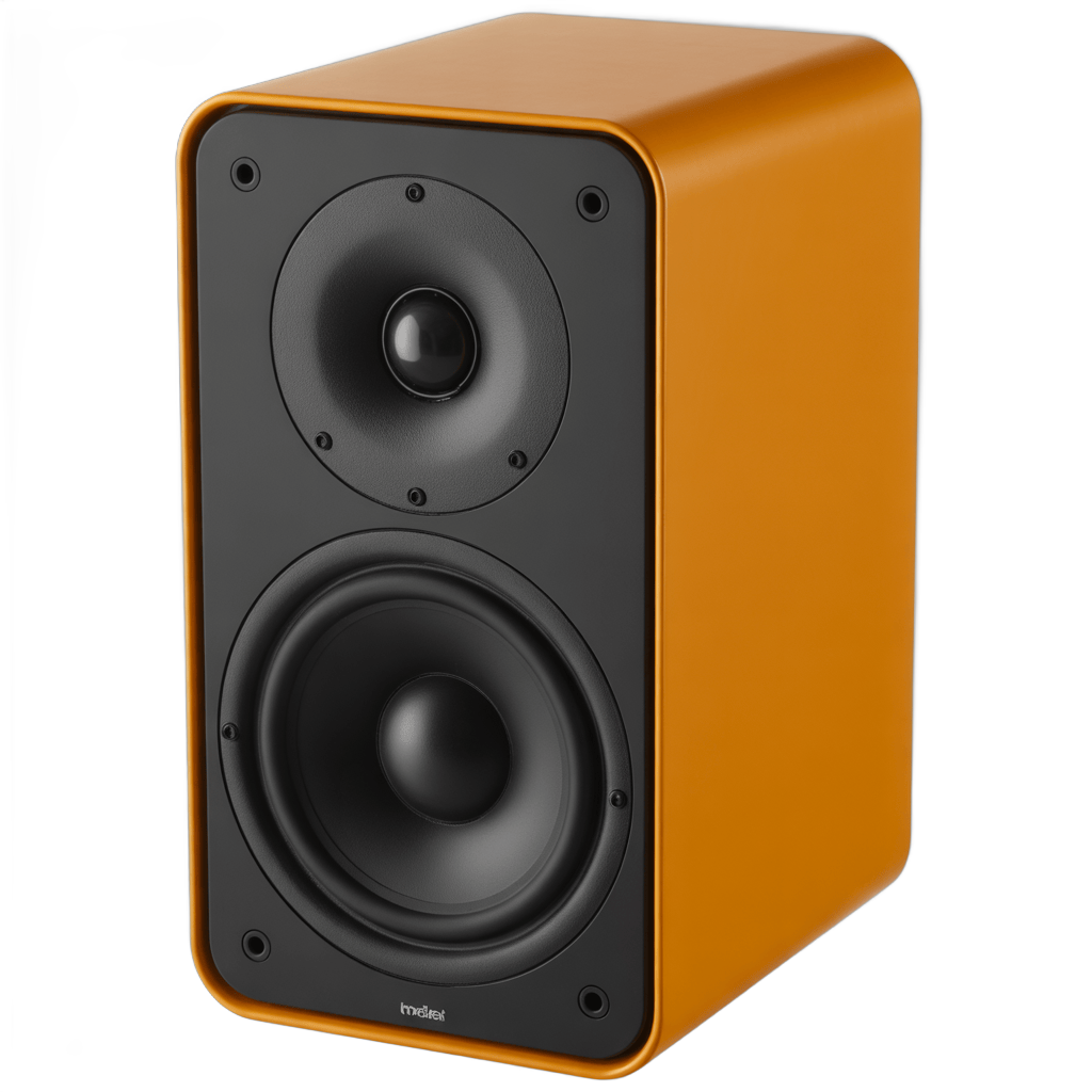Modern orange bookshelf speaker with black drivers for home audio setup PNG - transparent background