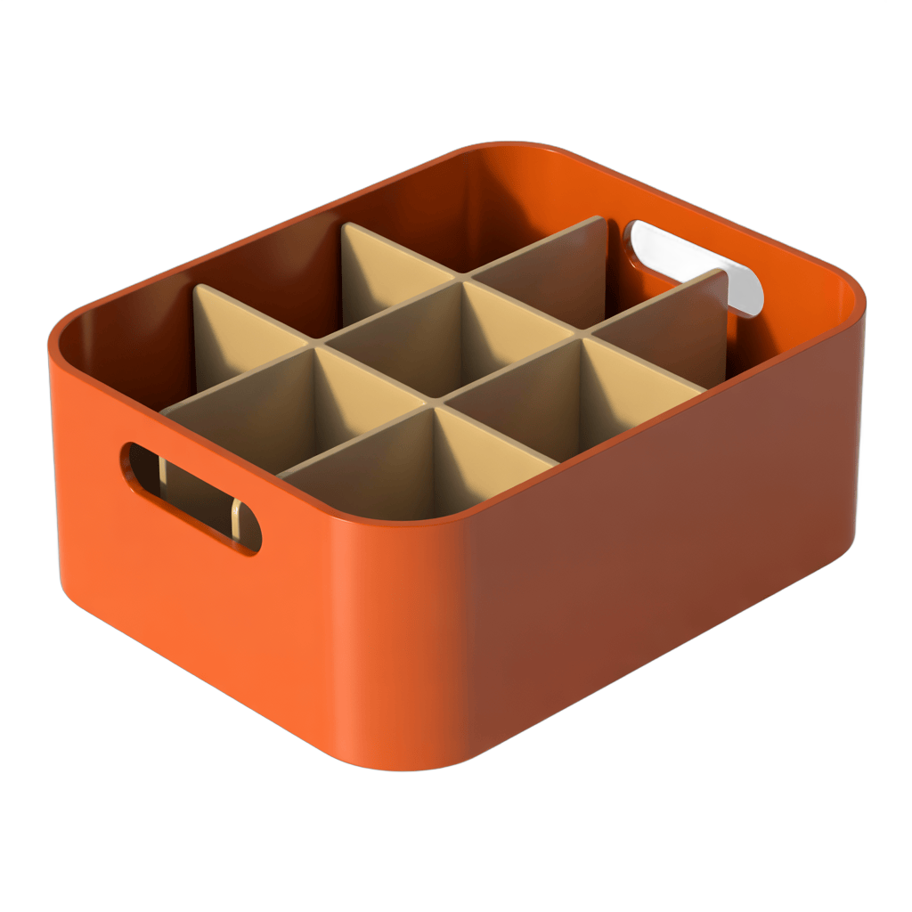 Modern orange utensil holder with nine slots for kitchen organization and storage PNG - transparent background